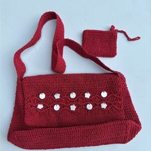 Vintage Crochet Macrame Red Shoulder Bag Purse Charm Accent Wallet Coastal Beach
